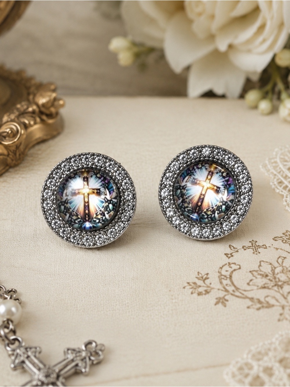 Devotional Rhinestone Silver Tone Round Cross Earrings Religious Gift Jewelry